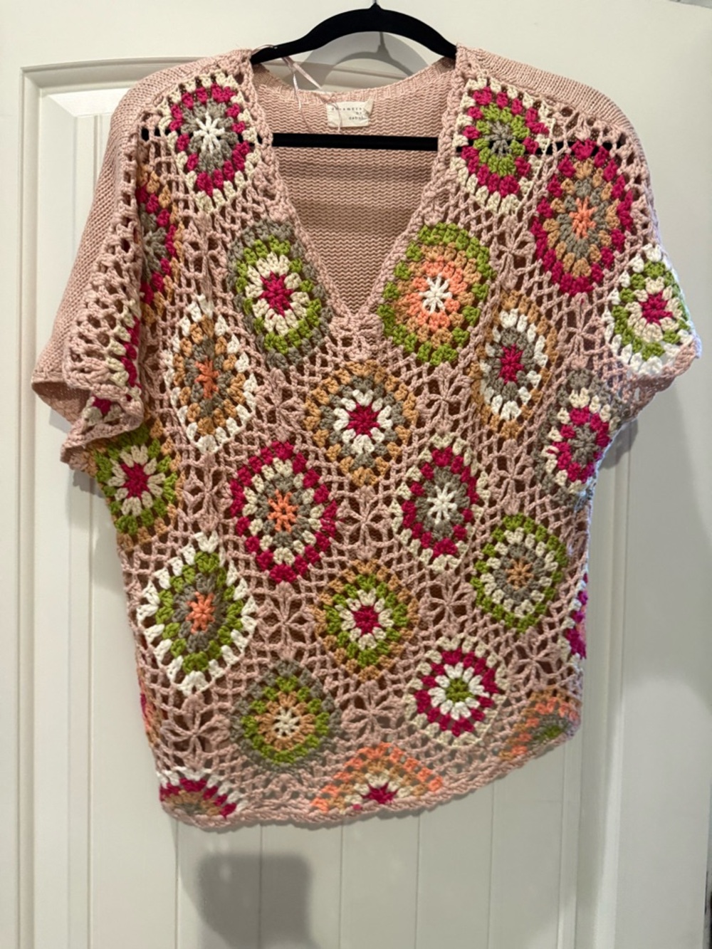Handmade Crochet V-Neck Sweater Top in Blush with Multicolor Motifs